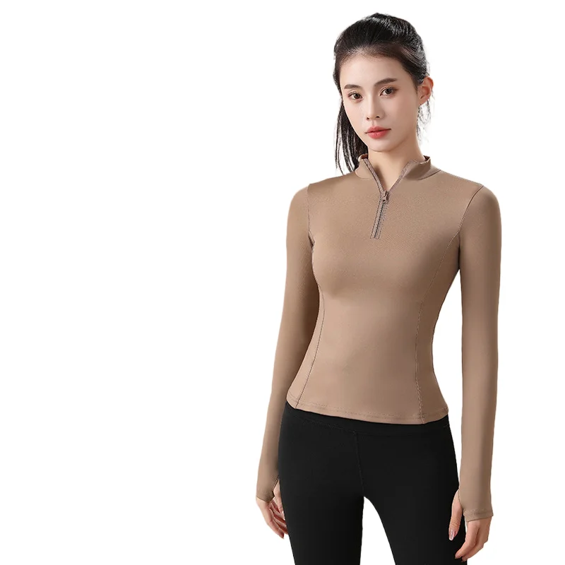 A newly produced semi zippered yoga top with quick drying and slimming function in 2024  which is breathable and sporty