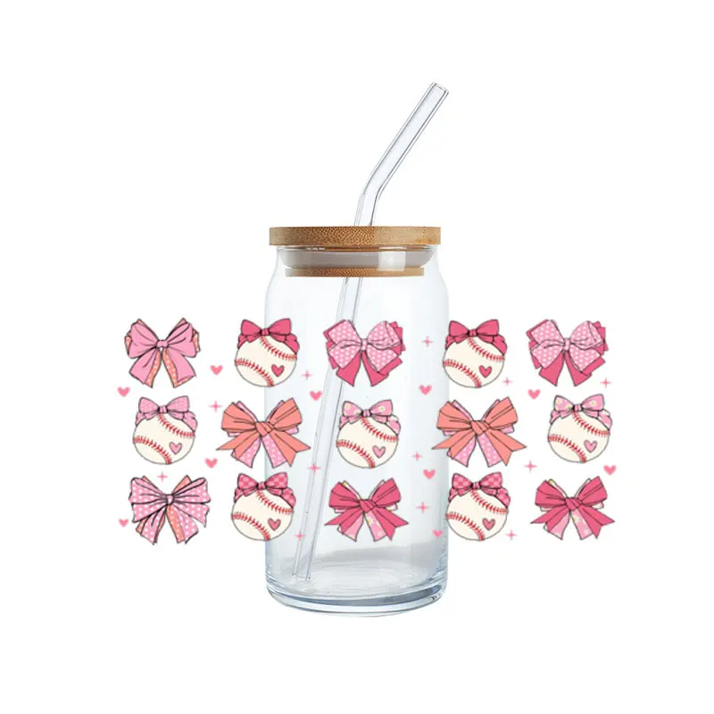 Pink Bows UV DTF Cup Wrap Transfers Halloween Coquette Aesthetic Ribbon Pumpkin Uvdtf Decals Stickers for 16oz Libbey Glass Cup