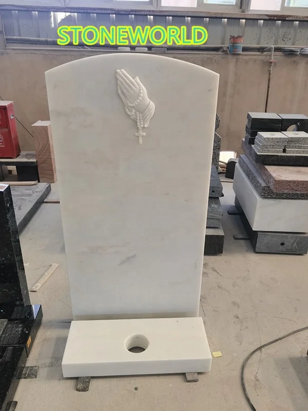 Popular UK Praying Hands Headstone Hunan White Marble Oval with Carving Base Bored Vase