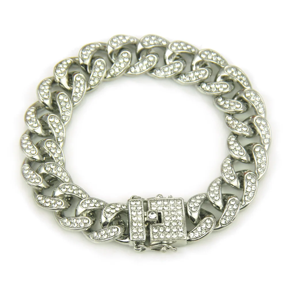Fashion Men Women Gold Silver Color Bracelet Hip Hop Punk Style Cuban Paved Clear Rhinestones Bangles for Mens Party