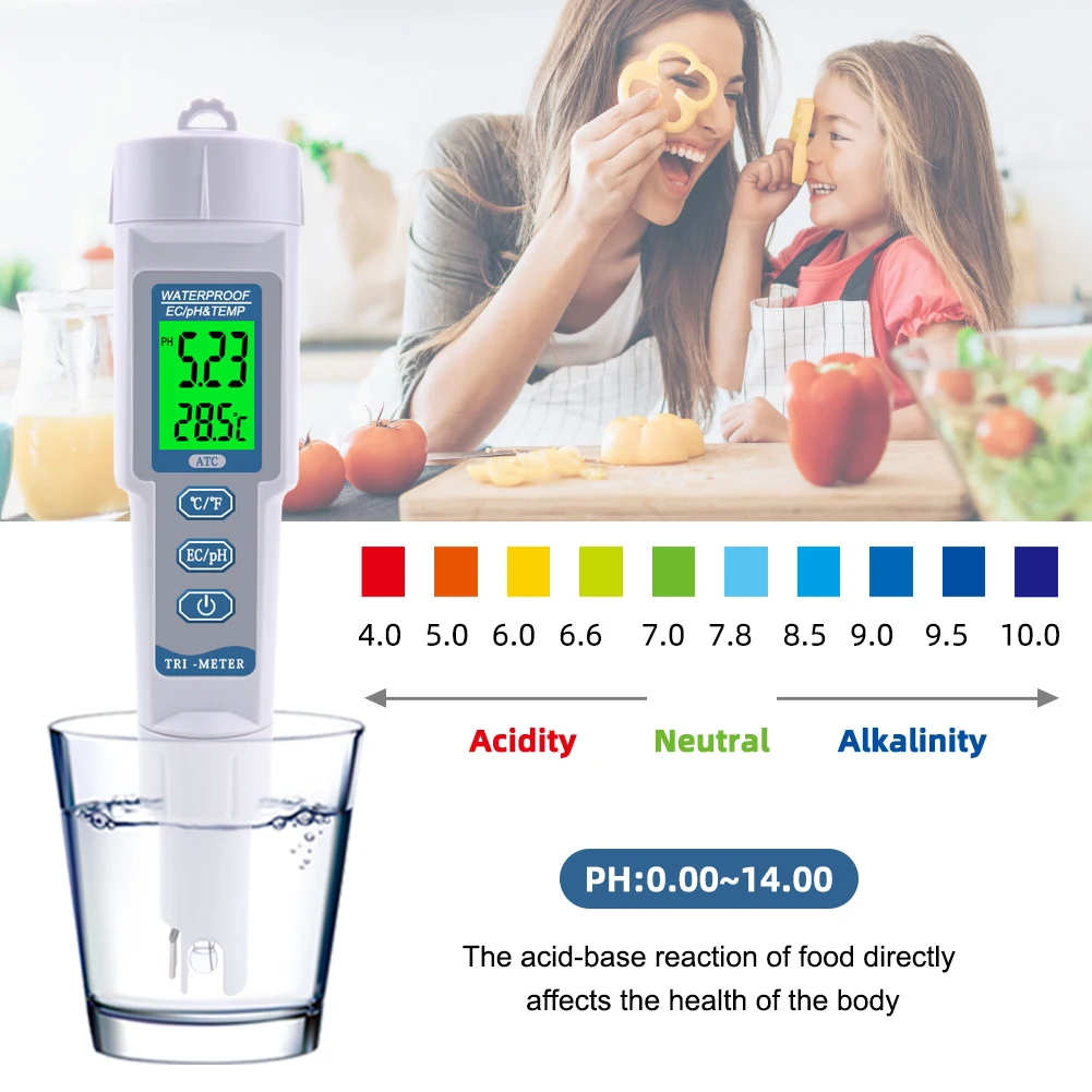 
Professional 3 in 1 Multi-parameter PH Monitor Water Quality Tester Pen Type pH EC TEMP Acidometer Drink Water Quality Analyser 