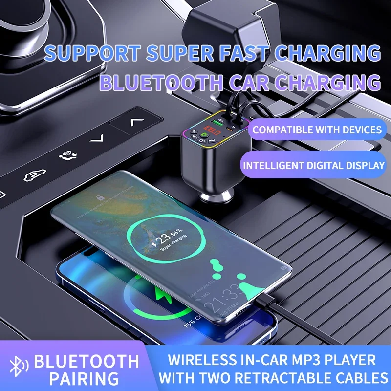 Bluetooth 5.3 FM Transmitter Car Adapter 120W Wireless Radio Music Player Bluetooth Car Kit Hands Free with Retractable Cable