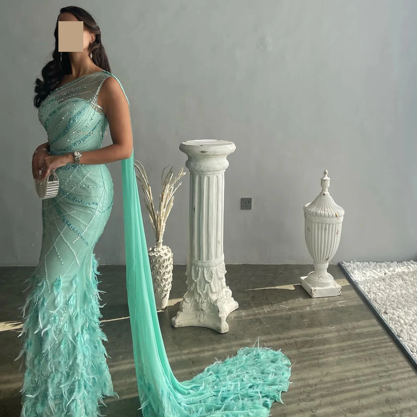 Luxury Feather Turquoise Aqua One Shoulder Mermaid Evening Dress with Cape Train Long Prom Wedding Party Gowns SZ498-2
