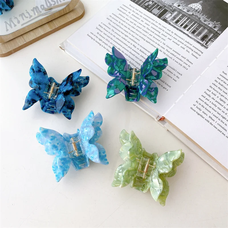 New Creativity Design Hair Accessories Fashion 8cm Marble Color Acetate Double Layers Butterfly Graceful Ponytail Hair Claw Clip