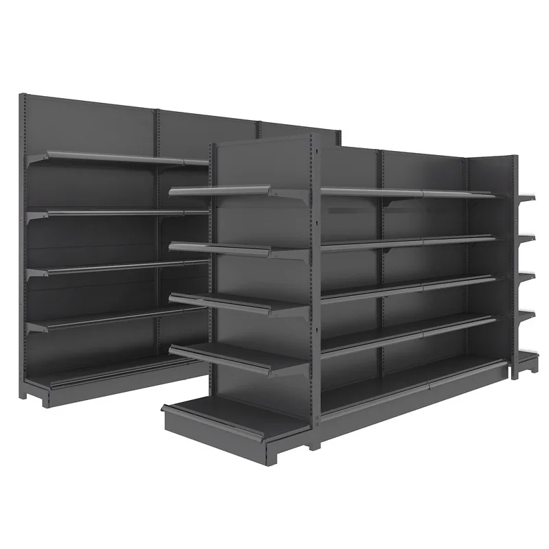 Customized Durable Supermarket Display Shelf Frosted Black Gondola Shelving Shop Metal Rack Variety Grocery Store Steel Shelves