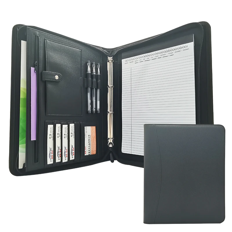 ModernQiu A4 PU Leather Padfolio with 4 rings binder  Custom logo business  zipper portfolio document filing products