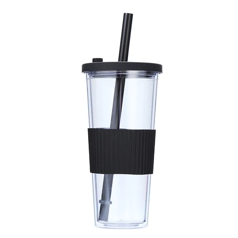 Wholesale Portable Double-layer Plastic Cup With lid and straw AS 24oz  Various color Large hole universal drink sports cup