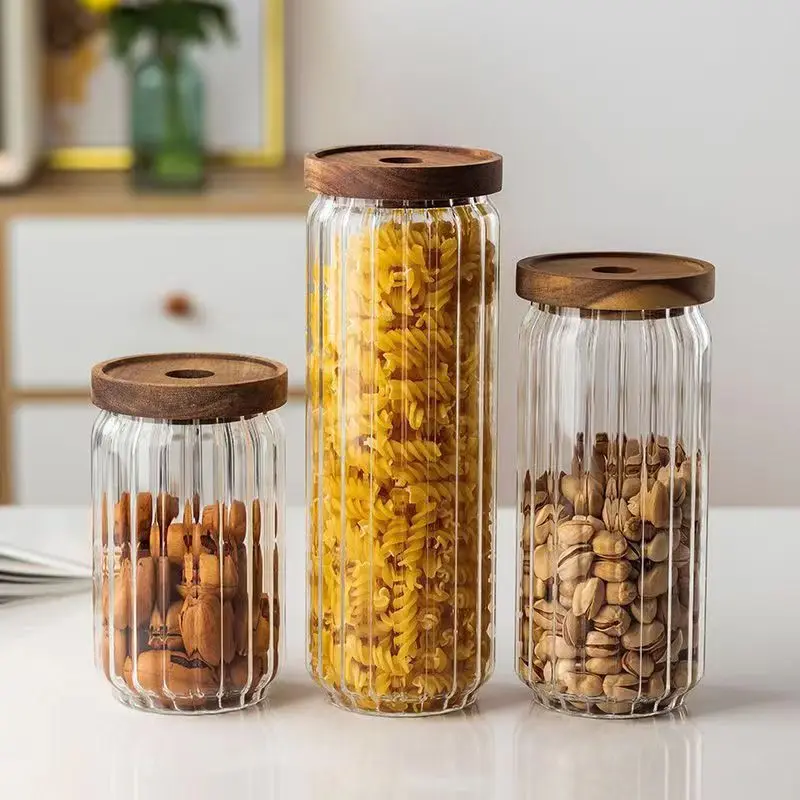350ml 500ml 750ml 1000ml 1300ml High Borosilicate Striped Spaghetti Dry Food Storage Containers Glass Spice Jar With Wooden Lids