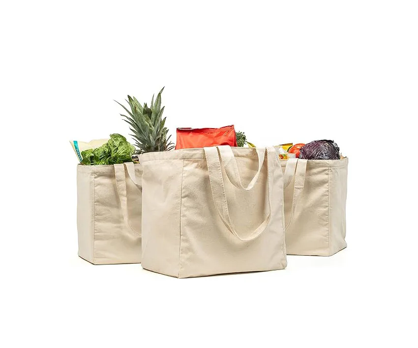 Custom Logo Canvas Grocery Bag Set with Real Pockets Long Shoulder Strap Short Handle Heavy Duty Foldable Washable for Shopping