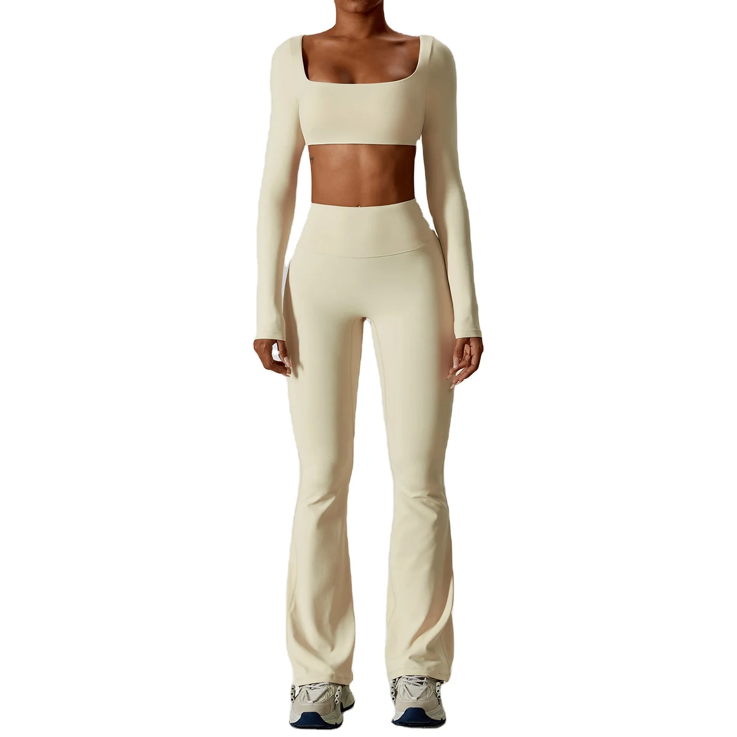 Custom Logo Yoga Gym Wear Women Apparel Long Sleeves Crop Top Scrunch Butt Pants Custom 4 Pieces Gym Yoga Sets