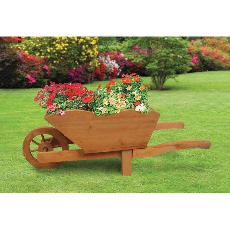 Garden decoration home outdoor flower pot stand wood large wooden wheelbarrow planter