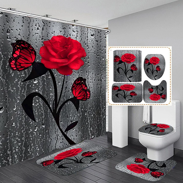 Teal Raindrop 3D Rose Butterfly Printed Bathroom Waterproof Flower Shower Curtain With Carpet Rugs Mats