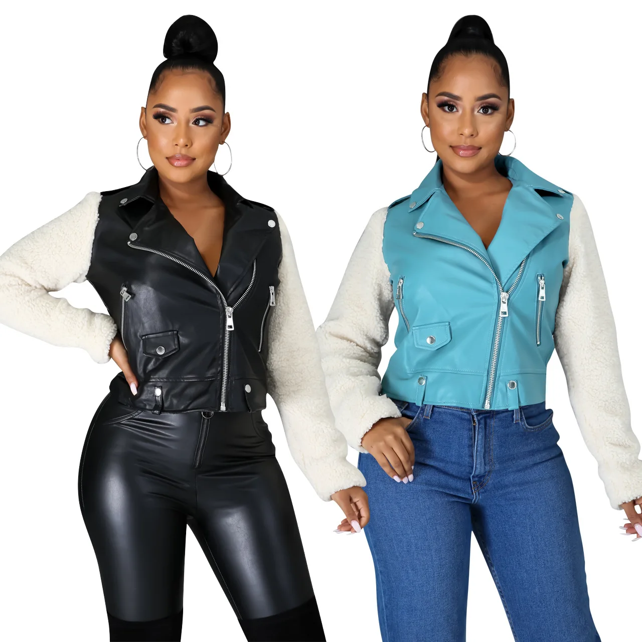 
Custom Pu Leather Motorcycle Jacket Women Zipper Turndown Collar Thick Waterproof Fleece Jacket 