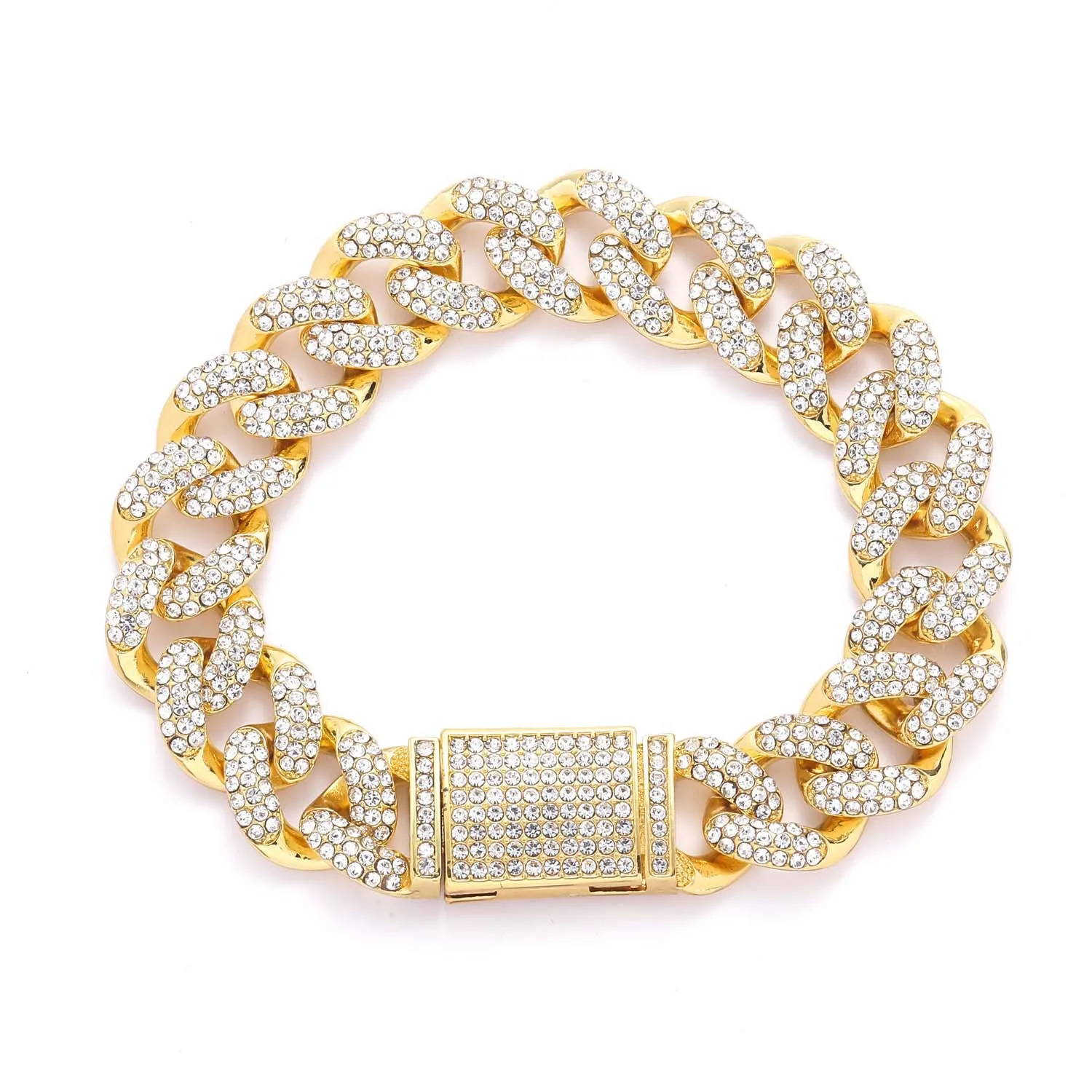 European Fashion Street Rap Jewelry Hip Hop 15mm Real Gold Plated Bling Rhinestone Iced Out Miami Cuban Link Chain Bracelet Men