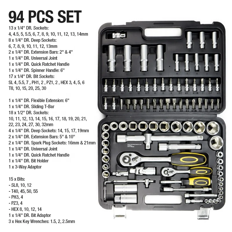 94-piece tool set kit with pull-along suitcase and aluminum box four layers of hardware combination tools