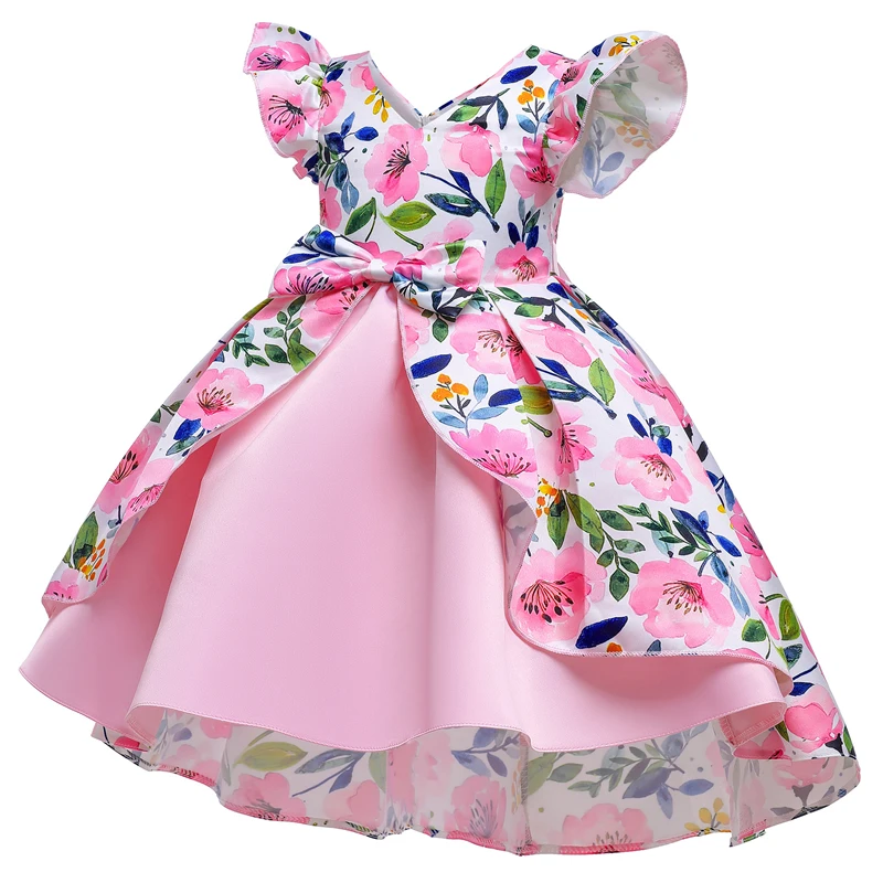 Latest Summer Children Floral Printed Formal Ball Gown Fly Sleeve Girl Princess Bow Clothes for Kids Girls Dresses