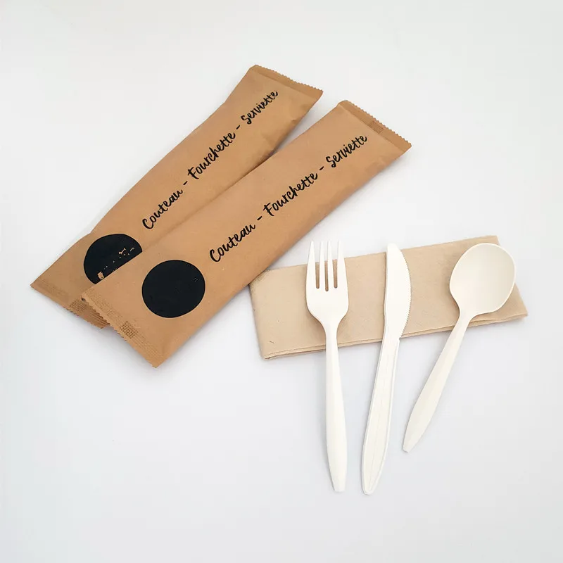 6inch 8inch Corn Starch Cutlery Bioplastic Recycling Disposable Eco-friendly 6IN1 Biodegradable Corn Starch Cutlery with Pouch