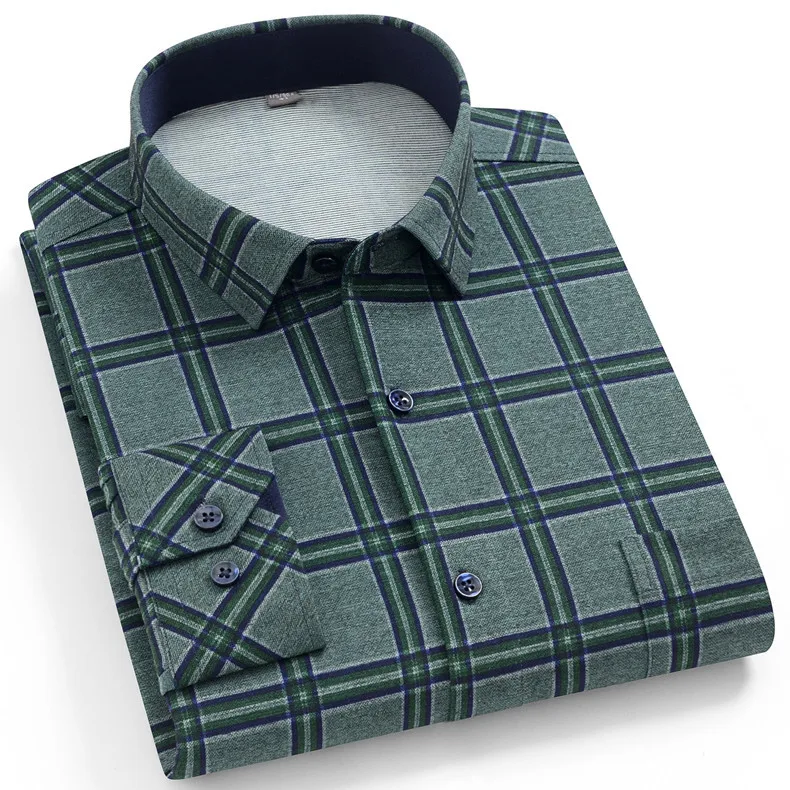 Check Slim Fit Cotton Business Casual Plus Size Long Sleeve Shirt For Men