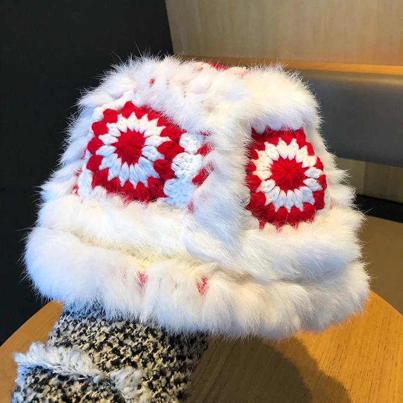 High Quality Cute Lion Pattern Furry Wool Warm Rabbit Fur Women Winter Knitted Beanie Hat 3m Hat