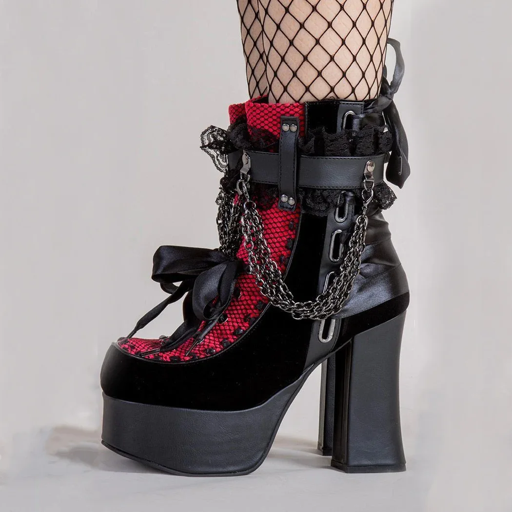 New Arrival Women High Ankle Gothic Boot Zip-up Ankle Punk Boot Shoe with Chain Punk Style Chunky High Platform Leather