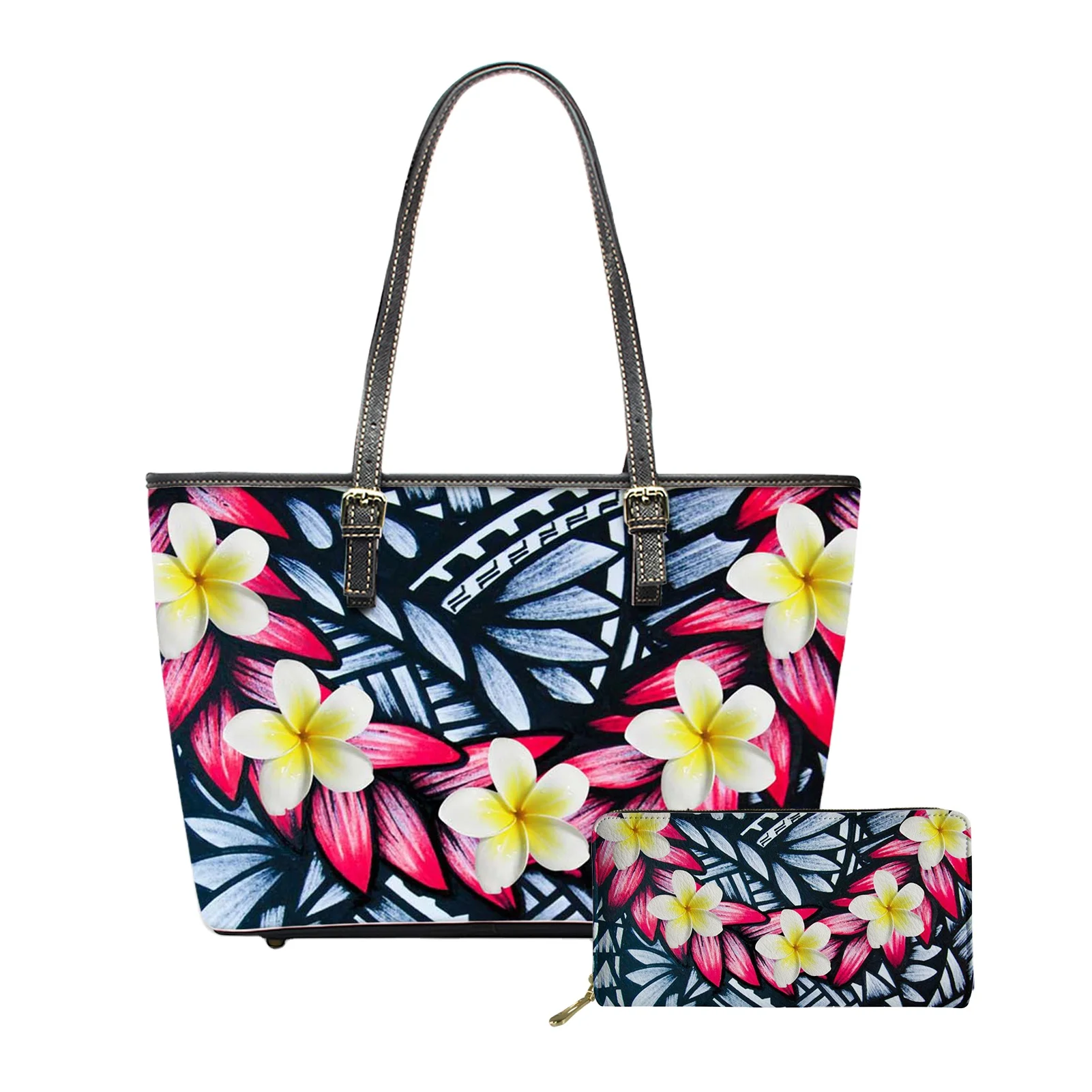 Chinese Factory Supplier Polynesian Samoan Classic Tattoos Neoprene Ladies Purses and Shoulder Bag 2pcs set