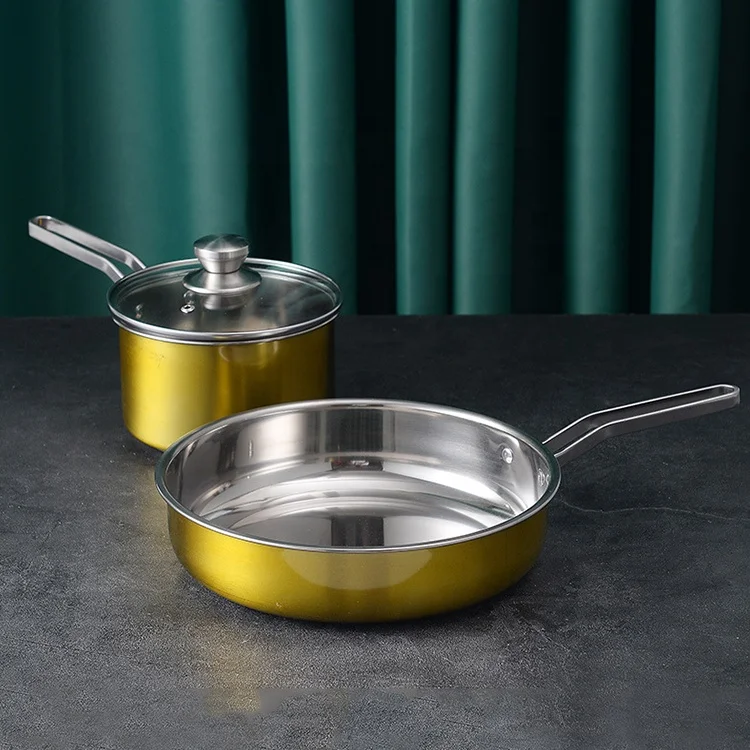 Home general stainless steel milk pot soup pot frying pan set with with glass lid