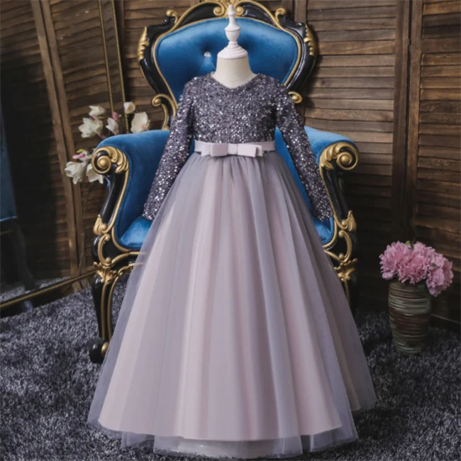 SE9688 New Sequin princess dress kid red wedding gown for dresses for girls of 10 year old long sleeve  girls party dress