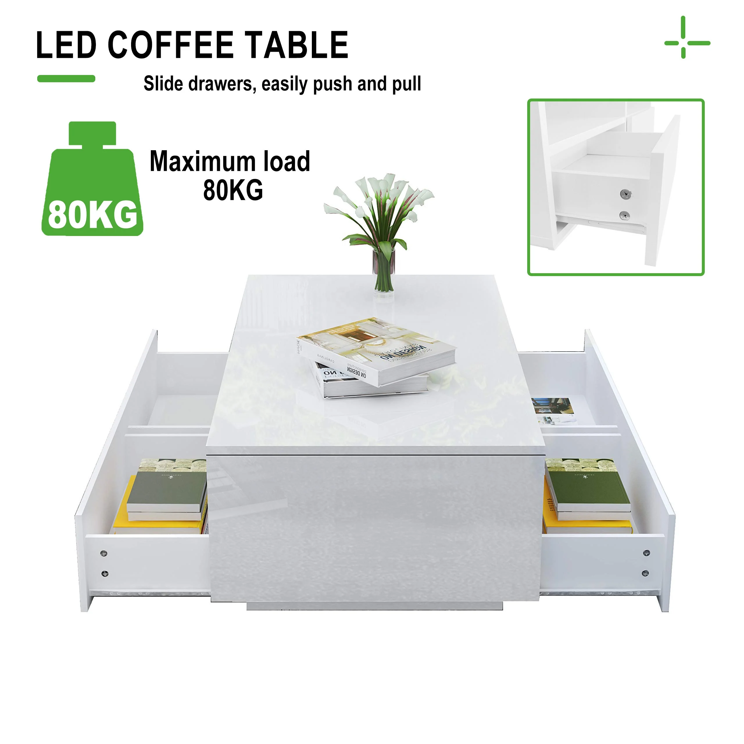 high gloss unique white decorative home living led tea coffee fashion center tables decor design with led light 4 drawers