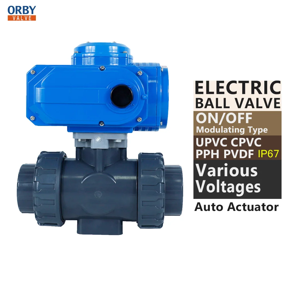 ORBY Flange Double union UPVC PPH Plastic Electric 3 Way Ball Valve Plastic PVC Electric Ball Valve