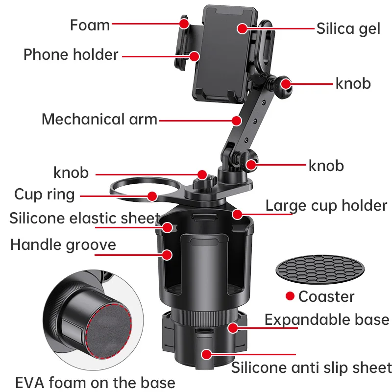 Shunwei 2 in 1 car drink holder extendable phone mount adjustable arm extendable base car phone holder car cup holder