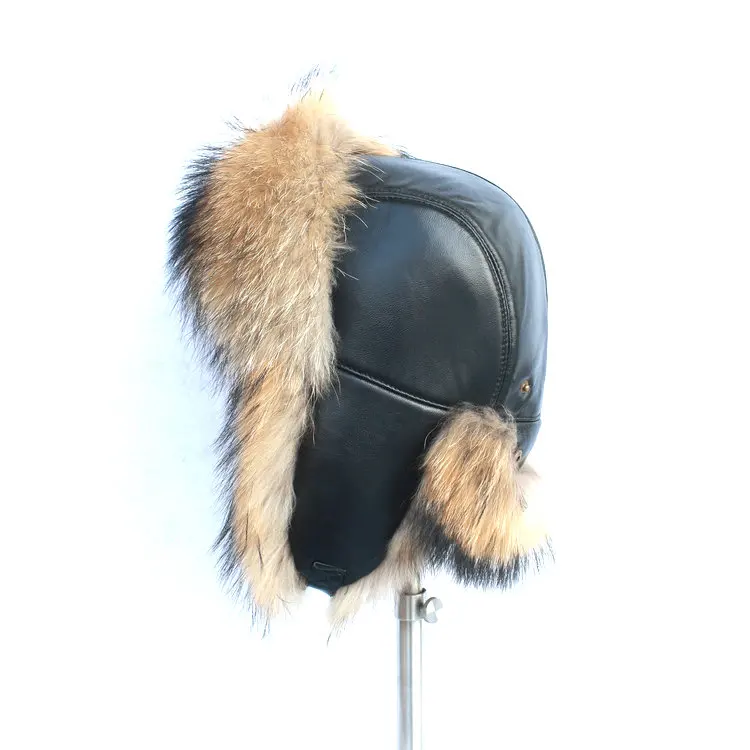 Men raccoon fur with leather hat russian winter windproof ear cuff hat fur  raccoon fur hats