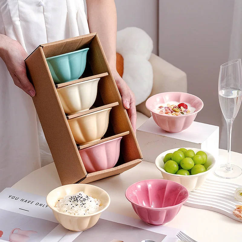 Korea Style Macaron Mini Ceramic 5 Inch Rice Bowl Gift Box Set High Appearance Level 4 Pcs Fruit Cereal Bowl Set