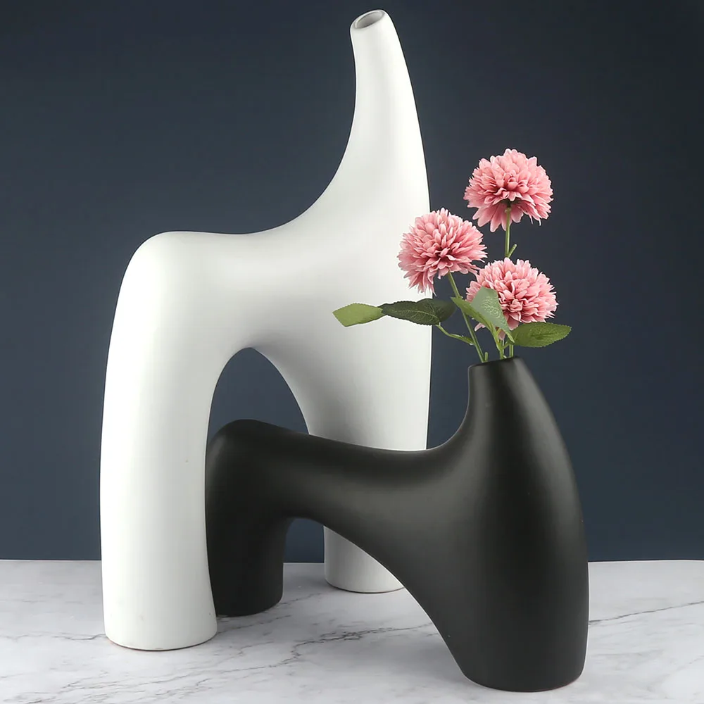 21 inch Matt White and Black Abstract Camel Shape Custom Design Made Ceramic Flower Vase
