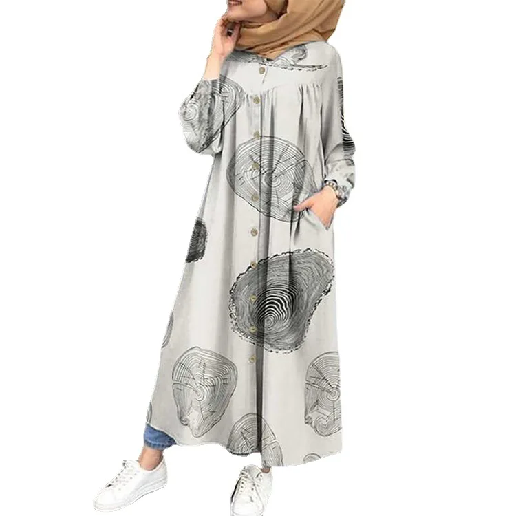 Plus Size Print Shirts Dress Front Open Abaya Long Blouses Shirts Style Dress With Buttons For Ladies