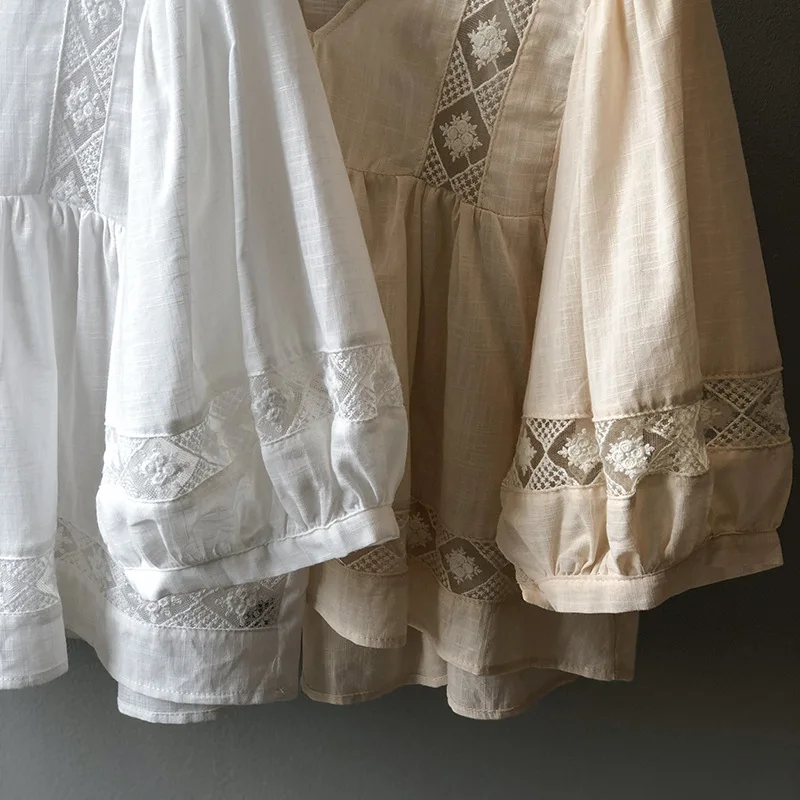 BL830018 korea style fashion vintage puff sleeve lace patchwork v neck summer women shirts blouses and tops