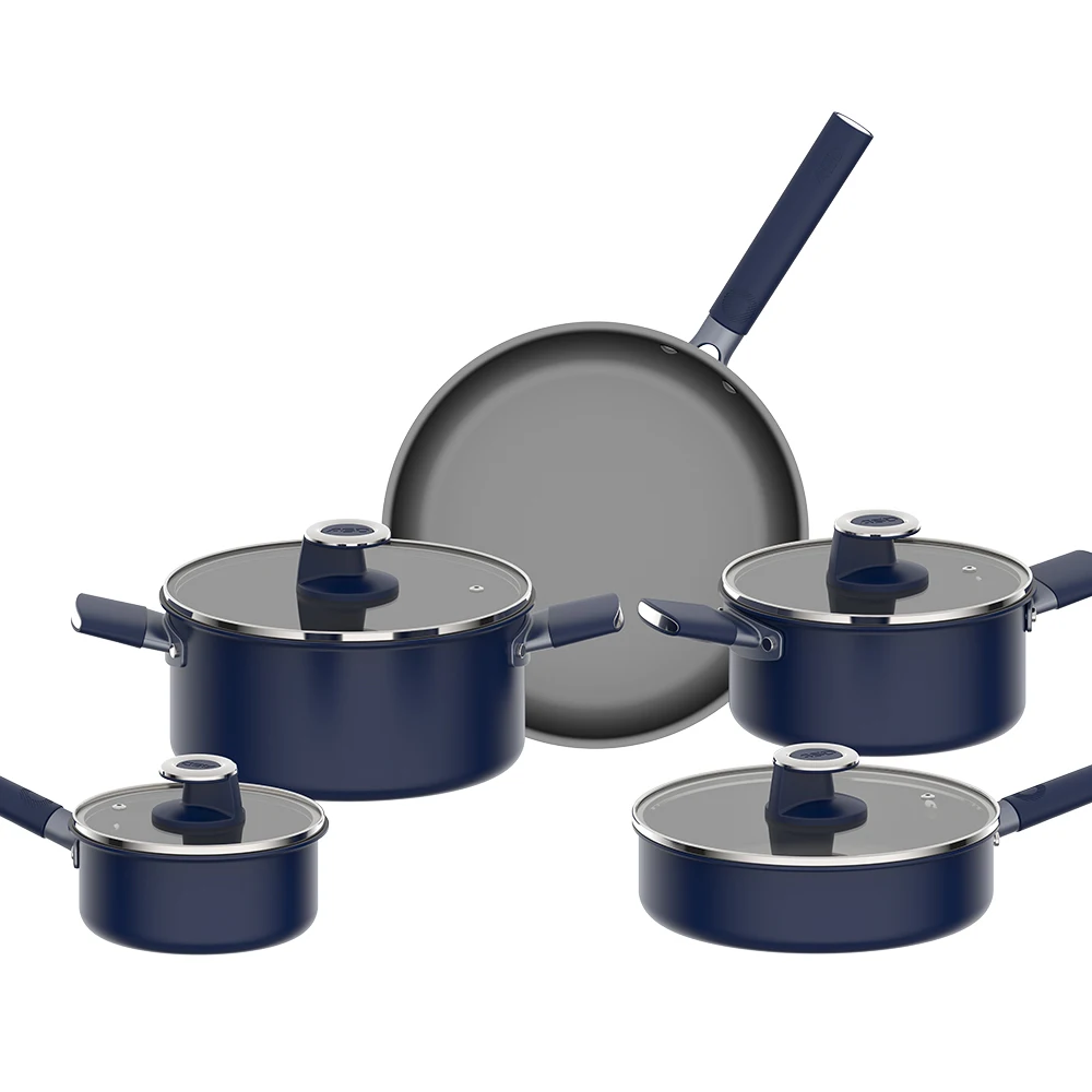 Non Toxic Gases PFAS Free Cookware Set Induction Cooking Pans Ceramic Pressed Aluminum Cookware Stainless Steel Alloy