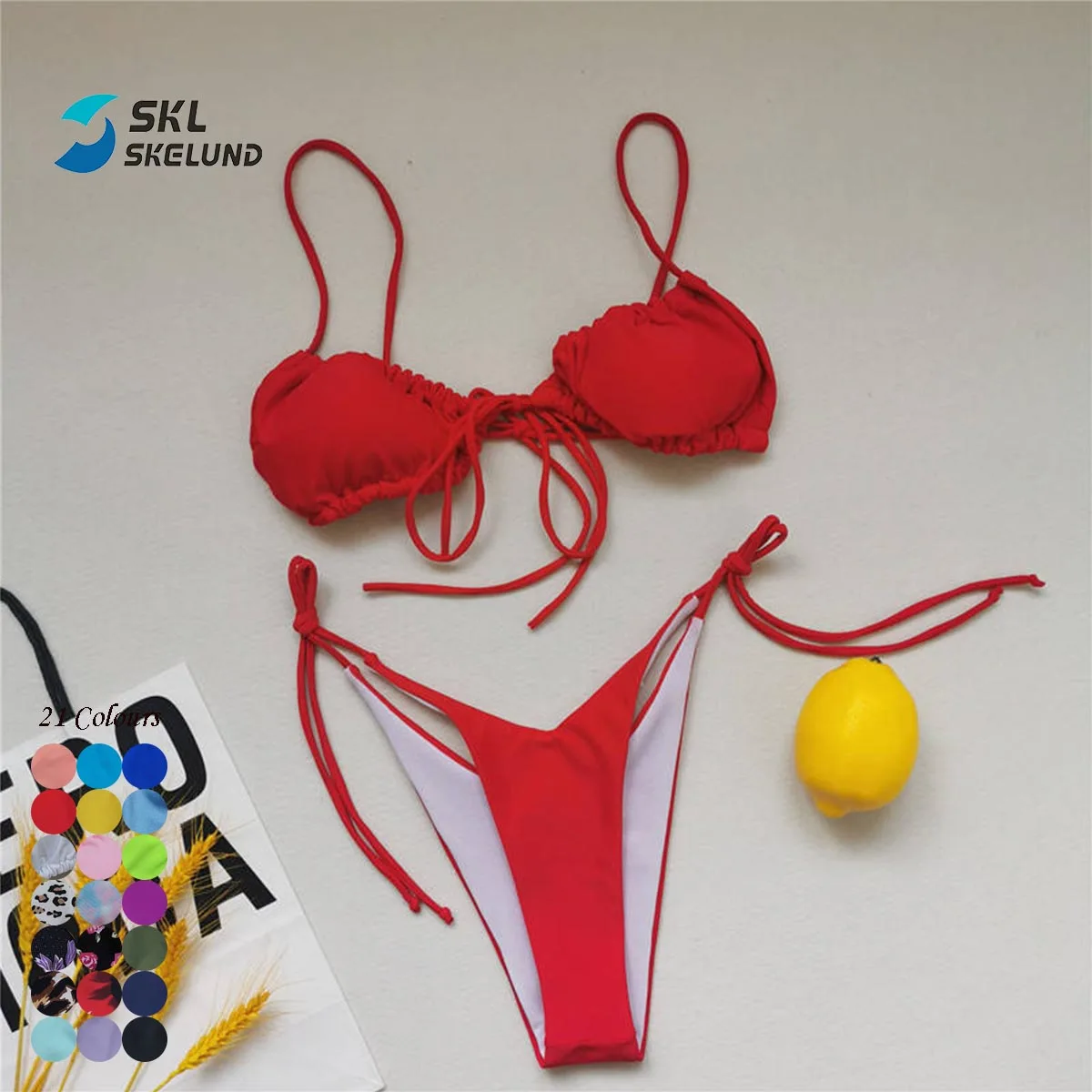 2022 Ebay Hot Selling Sexy Colourful Ruffle Micro Thong Bikini  Sexy String Knot Front and Side Swimwear Bikini Woman Swimwear