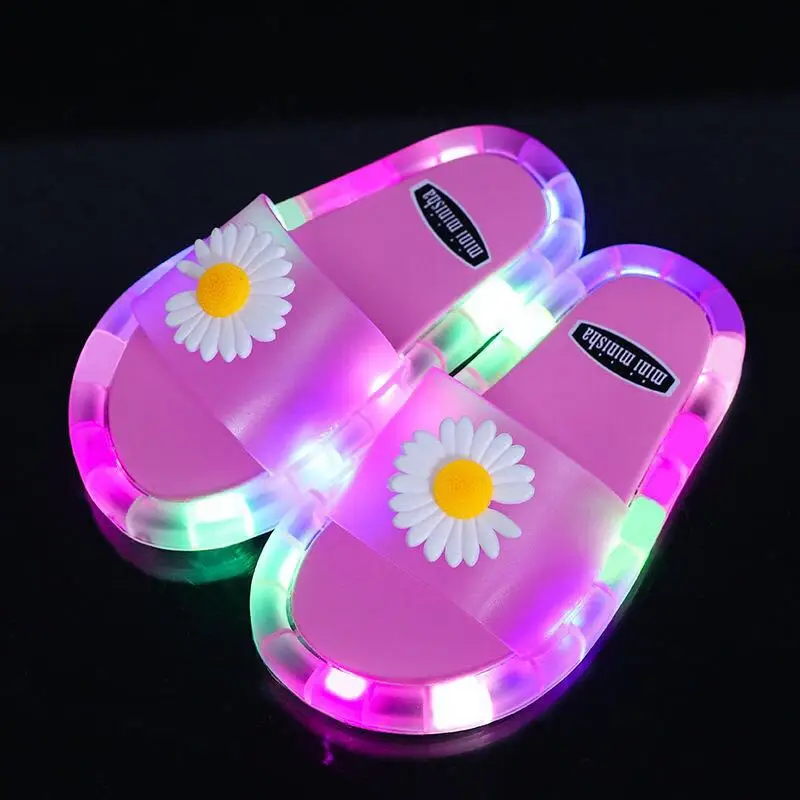 children kids light up slippers LED Flash Light Beach Outdoor Smiling Face unicorn cat  Daisy Flower Fashion Light Flip Flop