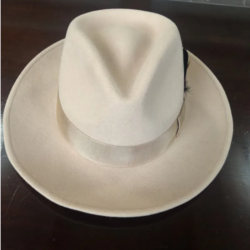H628B Wide Brim Australian Wool Felt White Fedora Hats Adult Woolen Felt Fedora Hat Gentleman Wool Fedora Hats