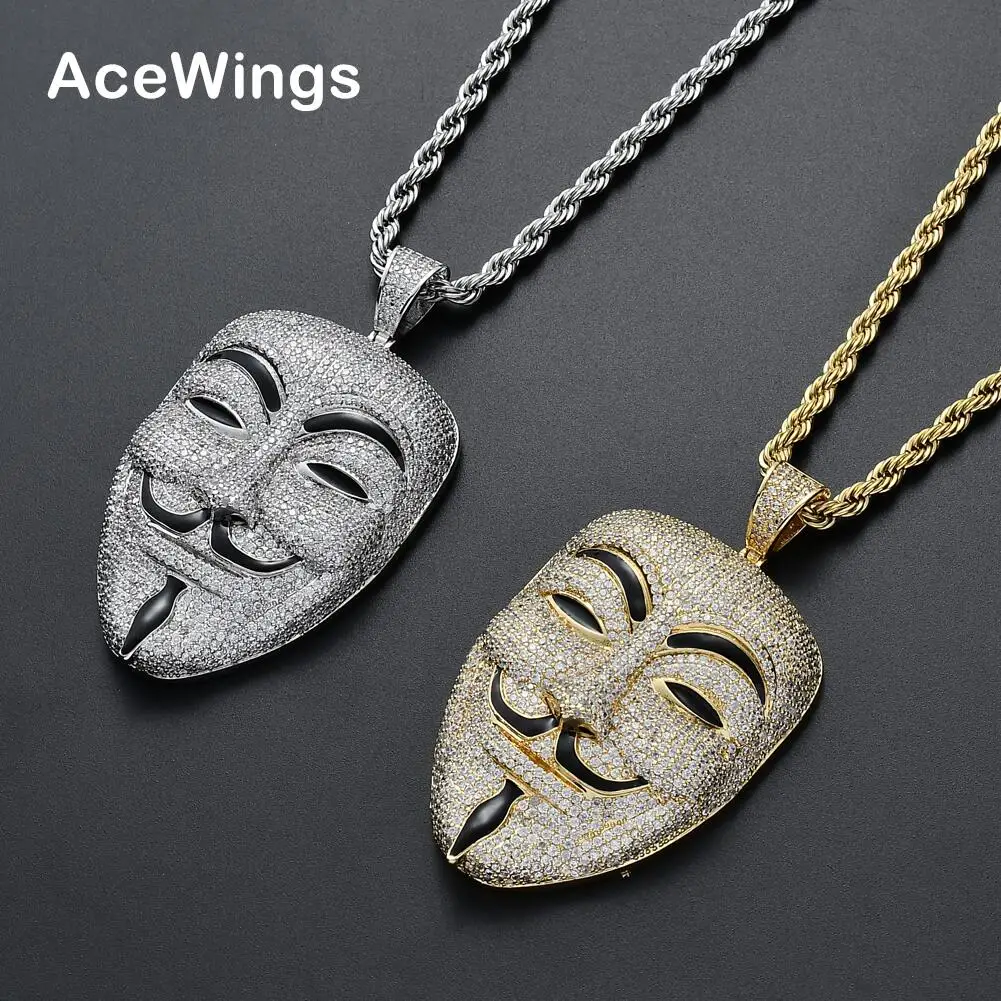 CN105  Large Size ICED OUT BLING BLING CZ Mask Pendants Hip Hop Necklace Brass CZ For Men Iced Jewelry Party Gift