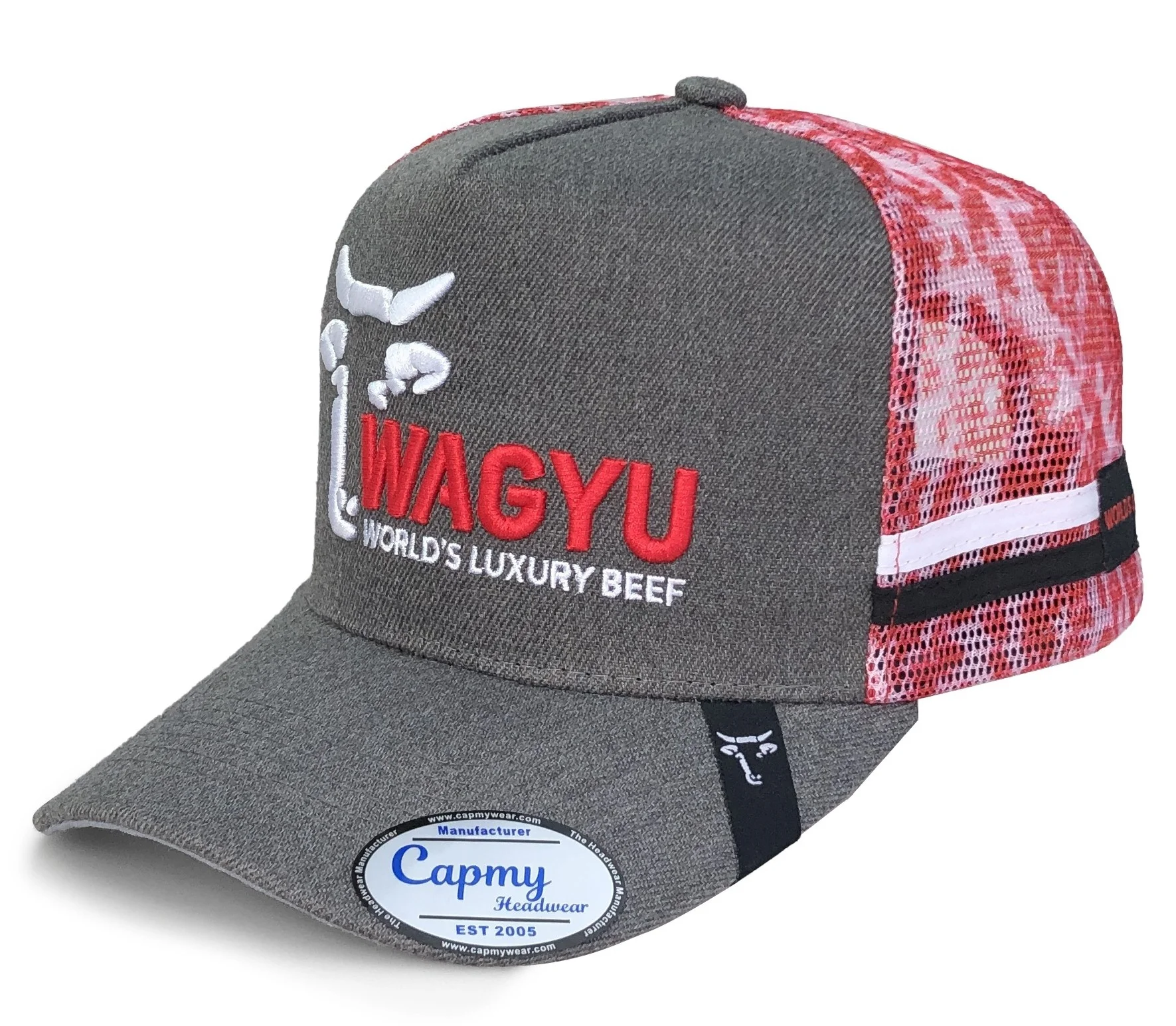 Good Quality Australian Custom Embroidery Logo 5 Panel Trucker Cap Hat Grey Stripes Australia High Profile Country Trucker Caps