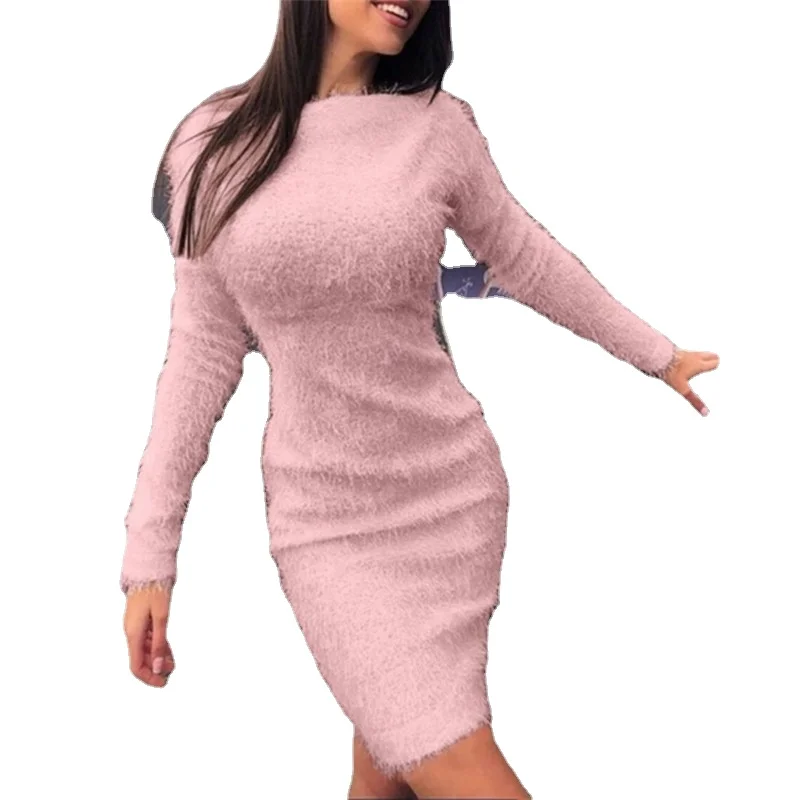 Winter Plush Warm Sweater Dress Women Long Sleeve Rounds Party Mini Dress Slim Knitted Vestidos Female 2021