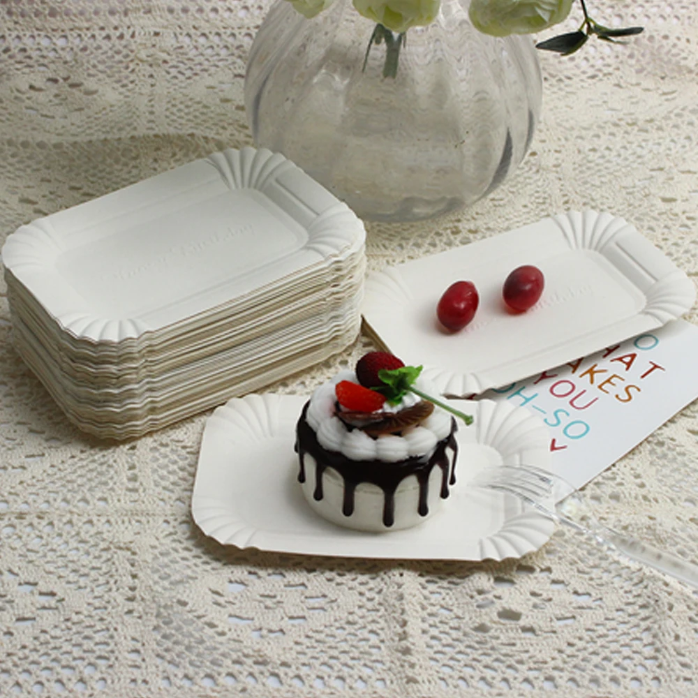 Custom logo printing Eco-friendly disposable paper tableware 160mm length 105mm wide rectangular paper plates for cake