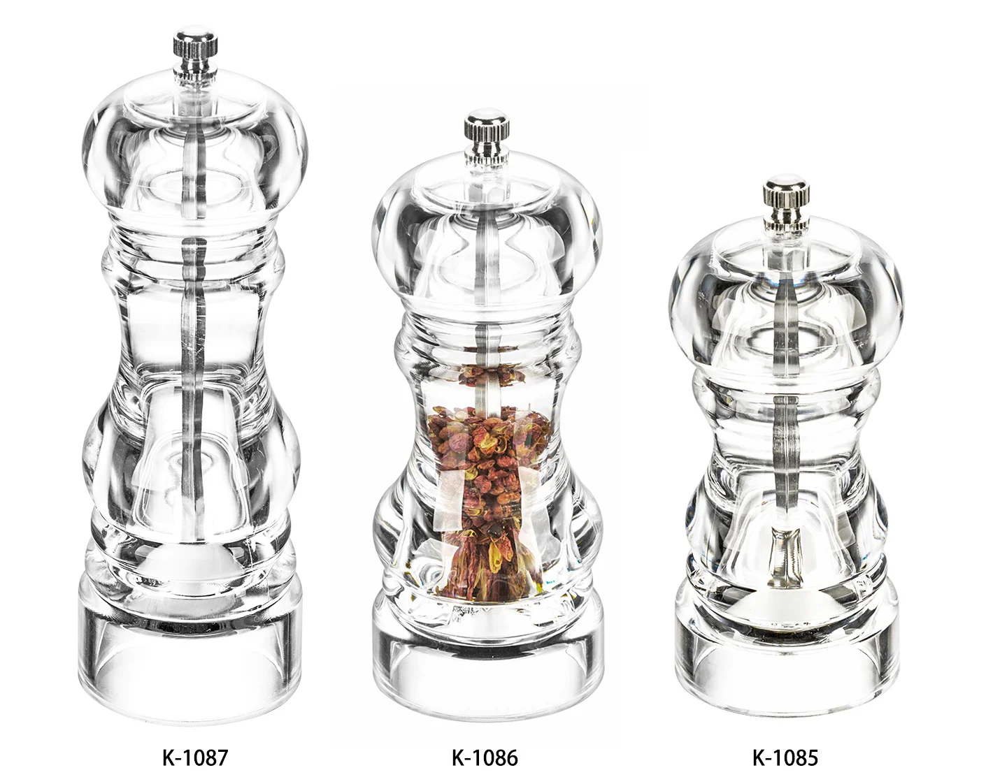 K-1085 High Quality Clear Kitchen Mills Clear Acrylic Sea Salt and Pepper Grinder with Ceramic Grinding