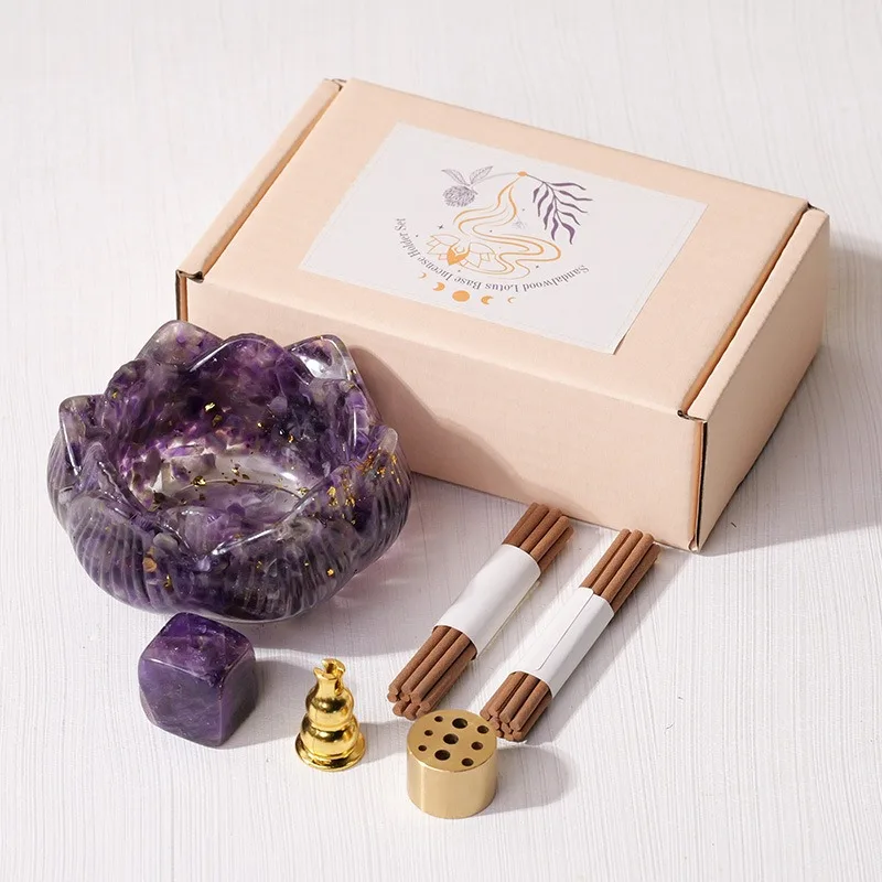 Handmade Crystal Chips Stone Resin Louts Flower Yoga Incense Tray Holder Natural Amethyst Stone Burner Ash Catcher Tray for Spa