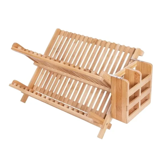 Unique Bamboo Dish Rack Collapsible Dish Drainer restaurant Premium Foldable Dish Drying Racks with Utensil holder 2 Cheap