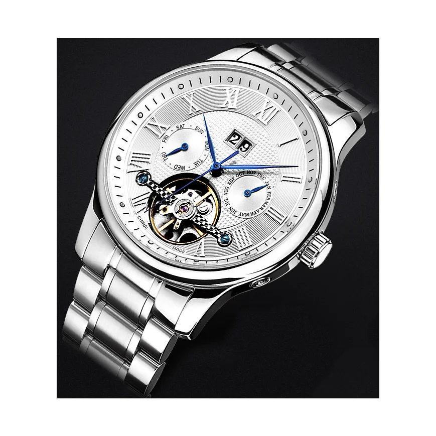 Мужские водонепроницаемые автоматические механические часы с календарём и корпусом из нержавеющей стали