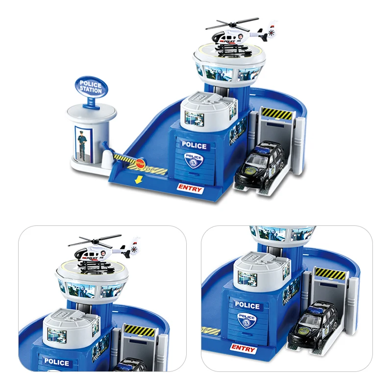 KSF Kids Pretend Play Game Police Fire Garage Shop Auto Parking Lot Diecast Police Station Toy Diecast Toy Alloy Vehicle