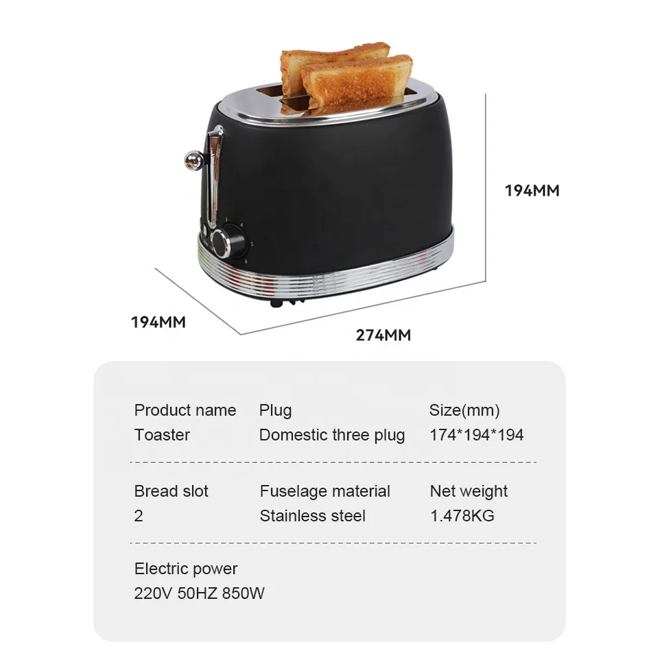 Multifunction Household Kitchen Stainless Steel Black Retro 2 Slice Heating Electric Toaster Bread