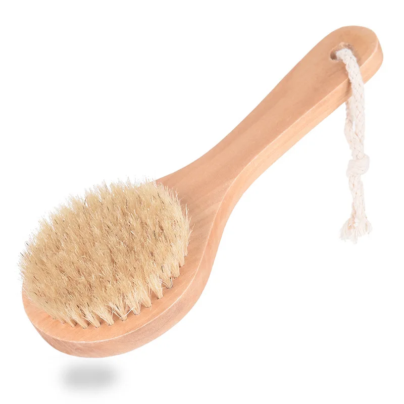 Long Handle Wet or Dry Shower Brush Silicone Bamboo Wooden Bath with Soft and Stiff